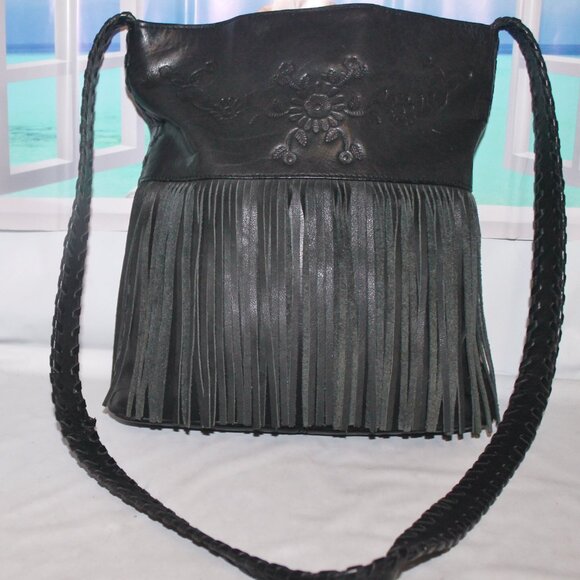 Rare Fossil Tooled Leather Fringe Crossbody Bag Bho Festival Shoulder Bag - Picture 1 of 10